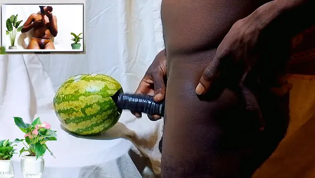 Intense pussy play with sweet watermelons: A solo teen's wet pussy pounding and sharing with a female friend.